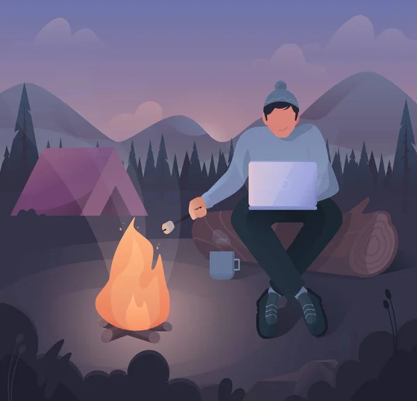 Ilustrasi karya pekerja lepas di vektor datar, seorang pemuda yang bekerja dan pada saat yang sama bersantai di alam oleh api Stok Vektor