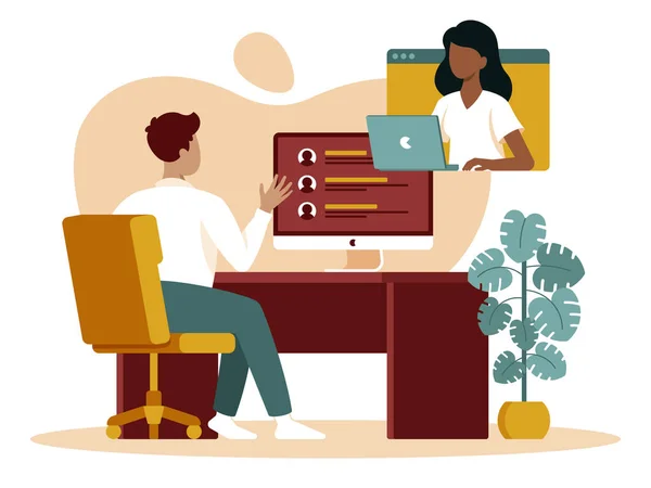 Colourful flat vector illustration of online interview — Vettoriale Stock