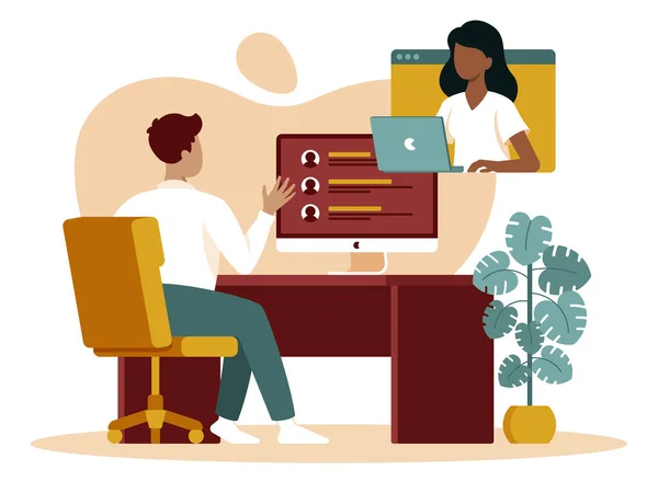 Colourful flat vector illustration of online interview — Vetor de Stock