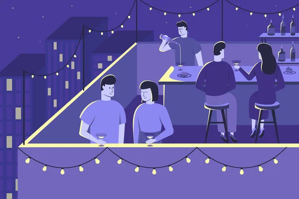 Colourful flat vector illustration of night party - Stok Vektor