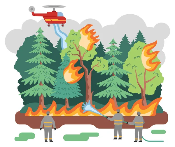 Vuur in bos vlakke vector illustratie, bomen overspoeld in vlammen — Stockvector