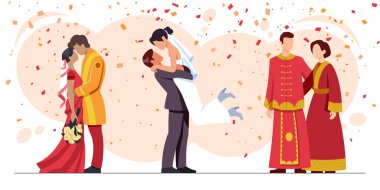 Yeni evlilerin renkli düz çizimleri ve dünyanın farklı kültürlerinden gelen aşıklar.