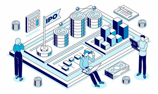 Ilustración isométrica vectorial de OPI oferta pública en la que las acciones de una empresa — Vector de stock