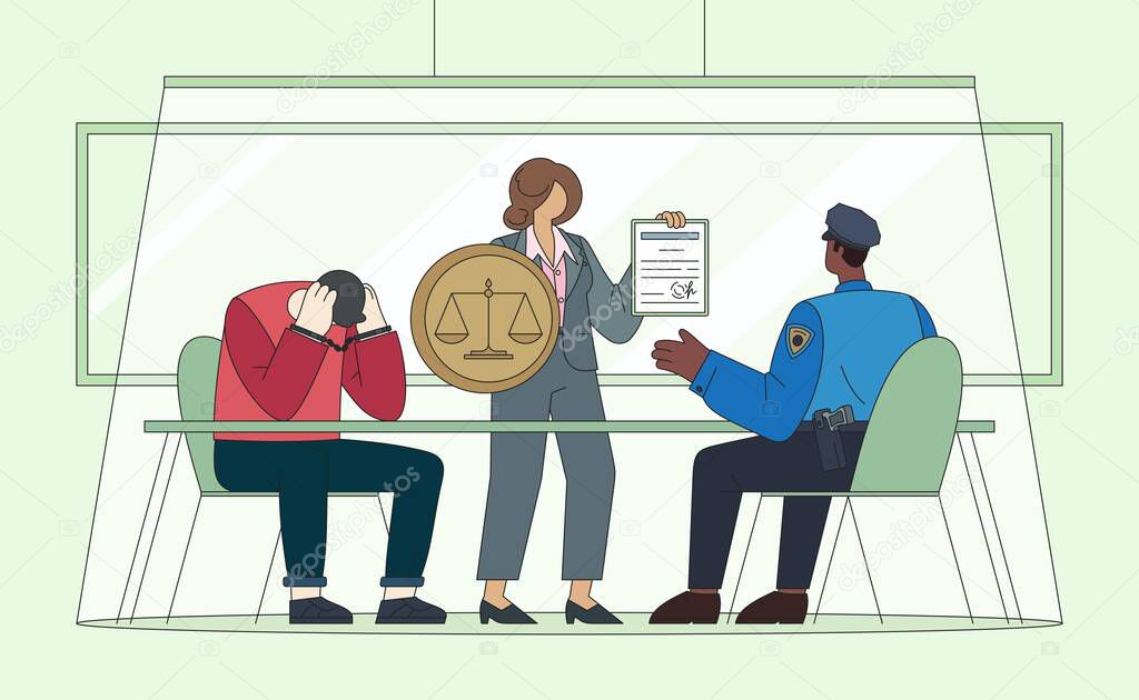 Protection attorney flat vector illustration at a police station