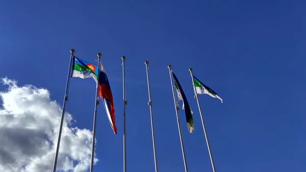 Bandeiras em um mastro de bandeira contra um céu azul de verão — Fotografia de Stock