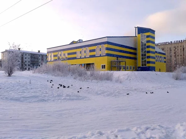Fák a havas tájak fagy a város Észak-Oroszország városi építészet — Stock Fotó