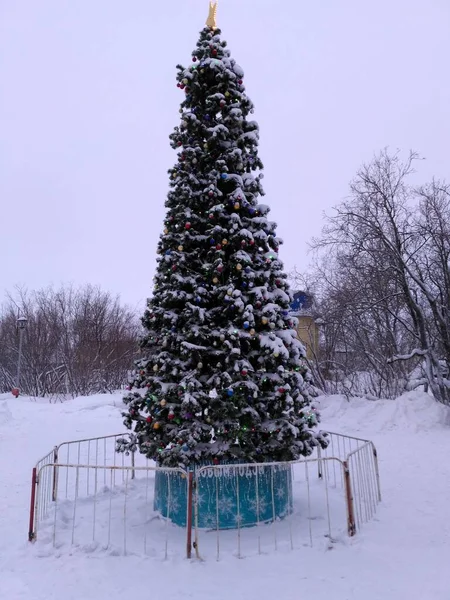 Árvore de Natal na neve e brinquedos fica no parque à espera do ano novo — Fotografia de Stock