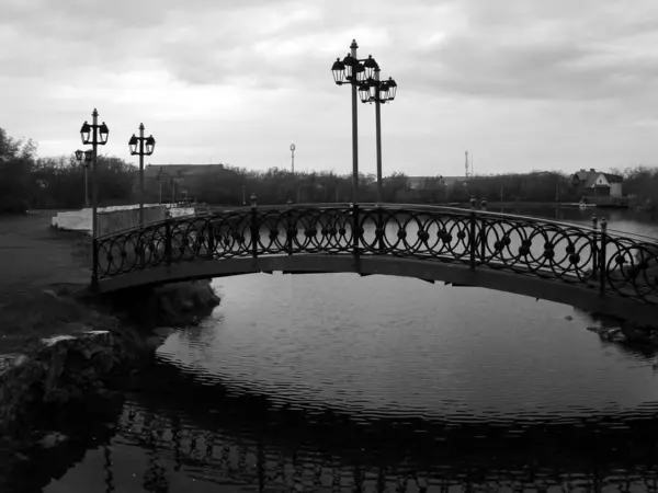 Ponte pedonal através do lago no parque nevoeiro dia de verão — Fotografia de Stock