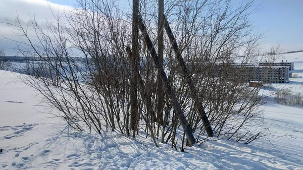 Schneeweiße Landschaften, ein Hang mit Blick auf den Fluss und ein verlassenes Dorf, in dem die Menschen im Norden Russlands lebten — Stockfoto