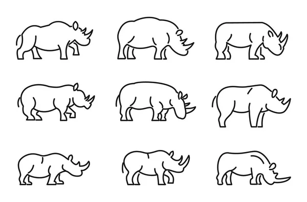 Conjunto de iconos de Rhino, estilo de esquema — Archivo Imágenes Vectoriales