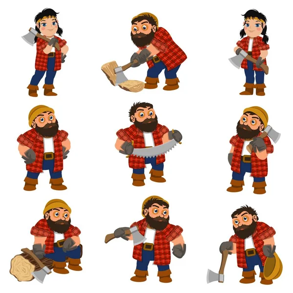 Set aus Holzfällersymbolen im Cartoon-Stil — Stockvektor