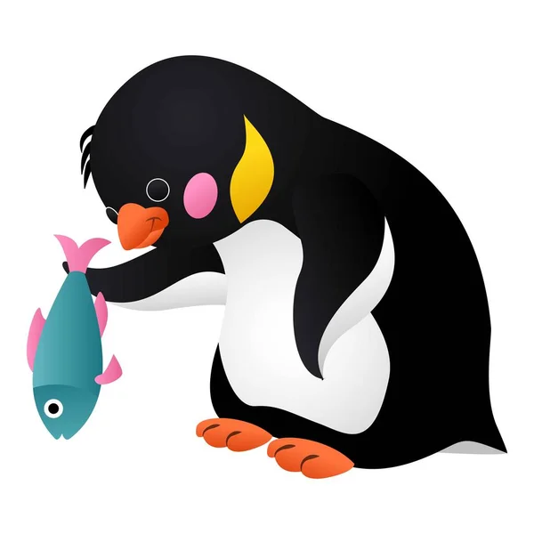 Pingvin med fisk ikon, tecknad stil — Stock vektor