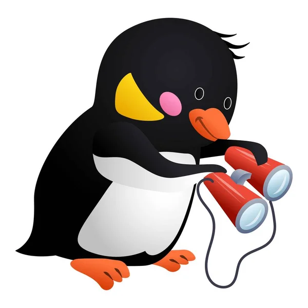 Tučňák s ikonou dalekohledu, kreslený styl — Stockový vektor