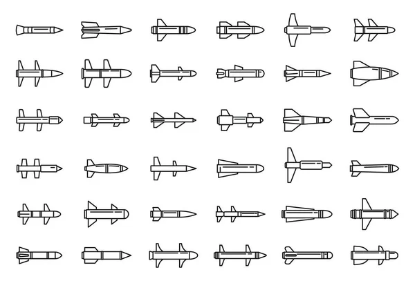 Set icone attacco missile aria, stile contorno — Vettoriale Stock