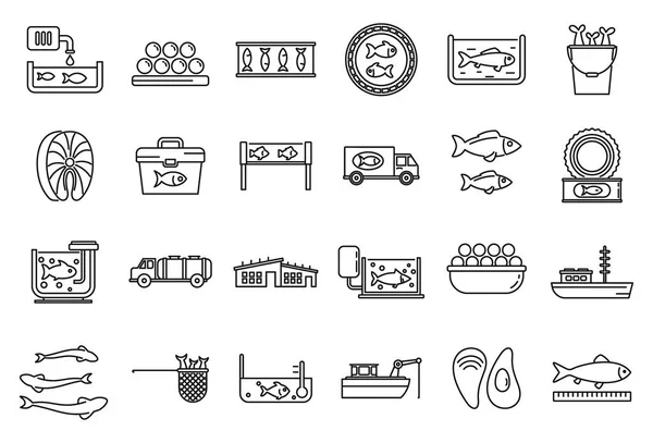 Conjunto de iconos de granja de peces de comida, estilo de esquema — Vector de stock