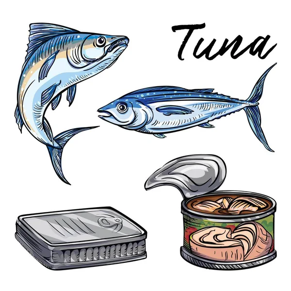 Set di icone di tonno, stile cartone animato — Vettoriale Stock