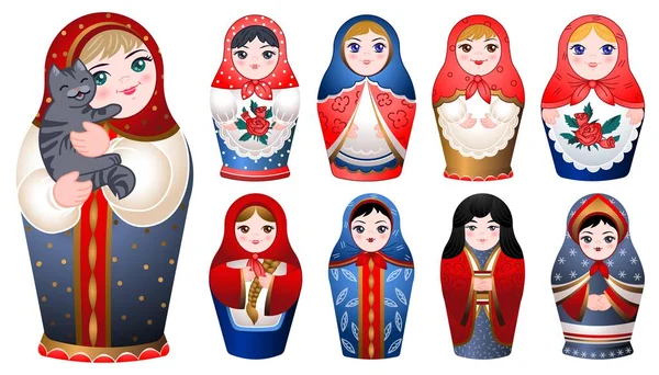 Set di icone per bambole nidificanti, stile cartone animato — Vettoriale Stock