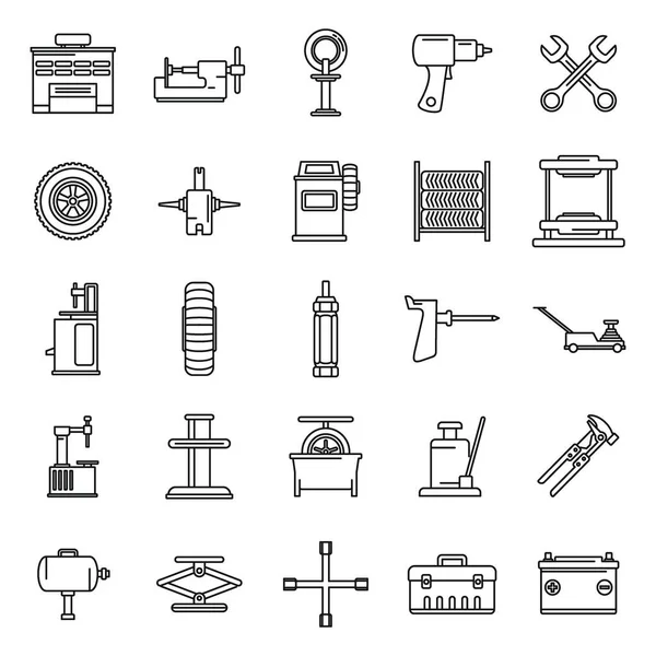 Juego de iconos de herramienta de ajuste de neumáticos, estilo de contorno — Archivo Imágenes Vectoriales