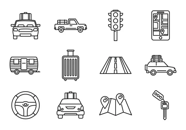 Conjunto de iconos de viaje en coche de carretera, estilo de esquema — Vector de stock