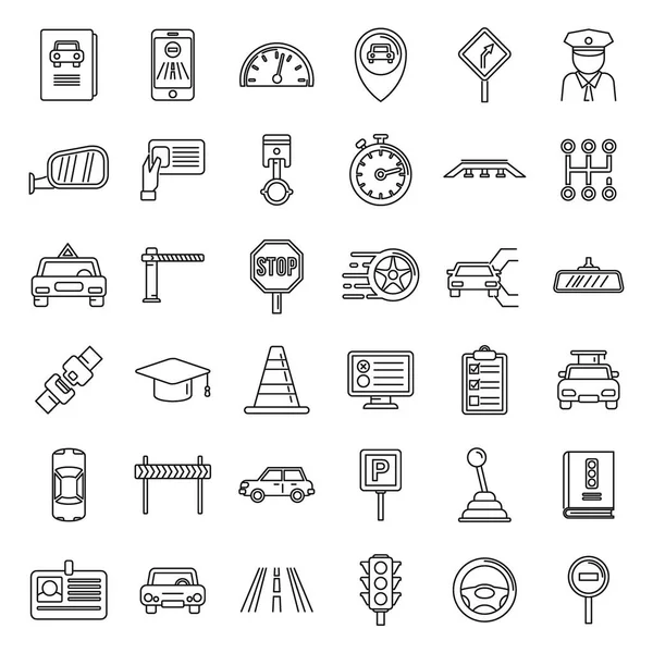 Conjunto de iconos de autoescuela de conducción, estilo de esquema — Vector de stock