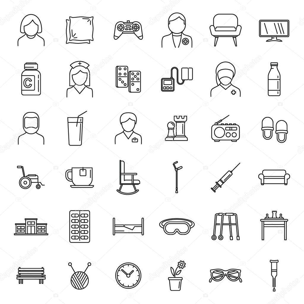 Aged nursing home icons set, outline style