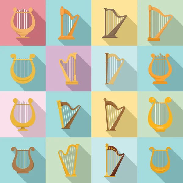 Conjunto de ícones de harpa, estilo plano — Vetor de Stock