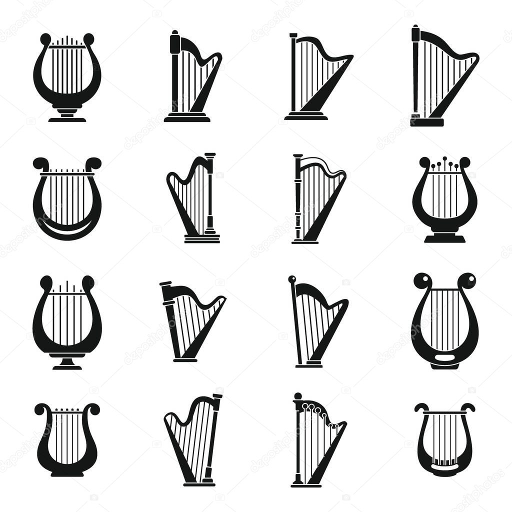 Harp music icons set, simple style