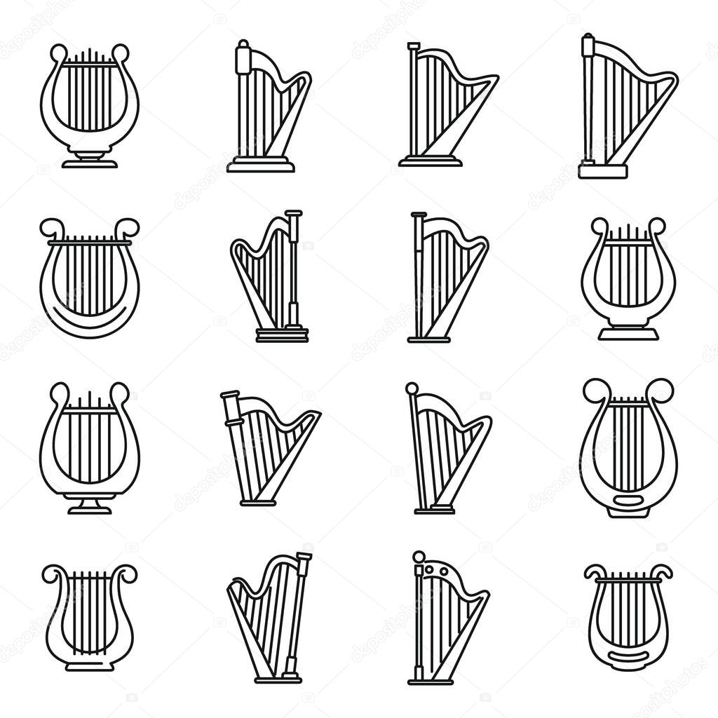 Harp instrument icons set, outline style