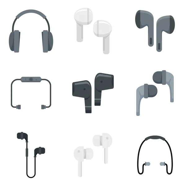 Drahtlose Ohrhörer-Symbole setzen flachen Vektor isoliert — Stockvektor