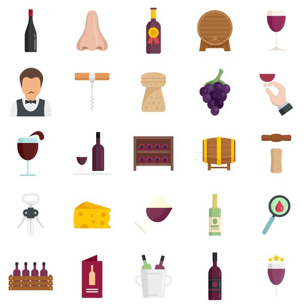 Sommelier icons set flat vector isolated