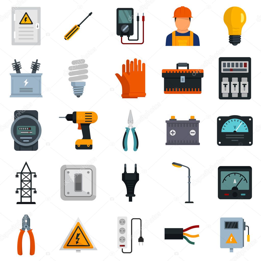 Electrician service icons set flat vector isolated