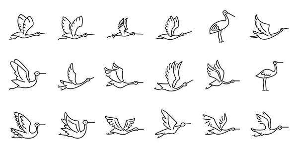 Voler icônes cigogne définir contour vecteur. Mouche cigogne oiseau — Image vectorielle