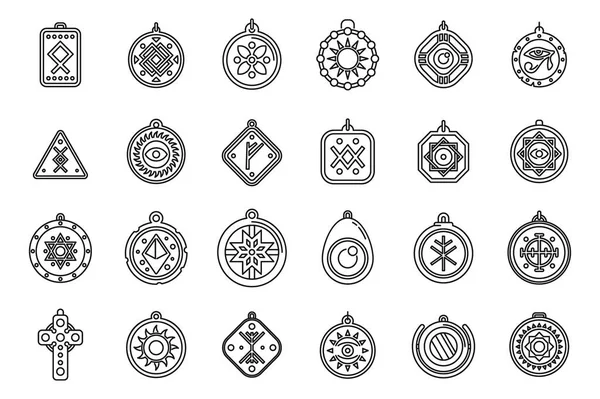 Az amulett ikonok körvonalazódnak. Kínai érme — Stock Vector