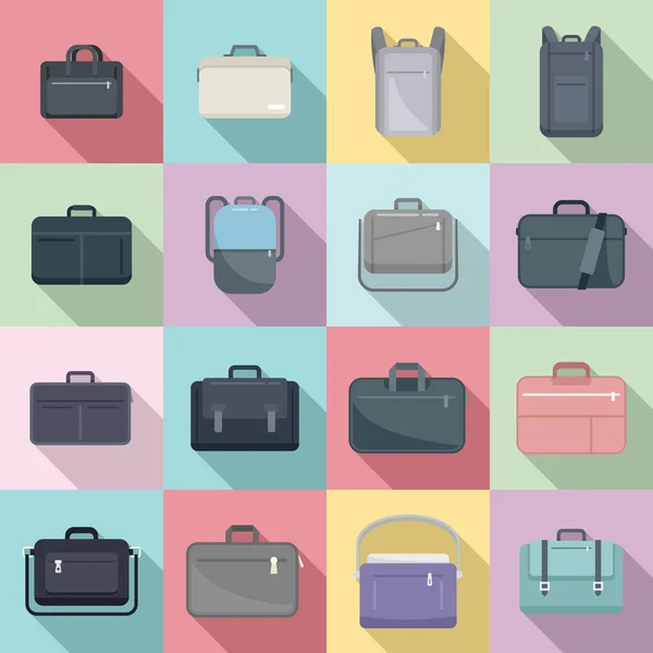 Laptop bag icons set flat vector. Computer case — Stock Vector