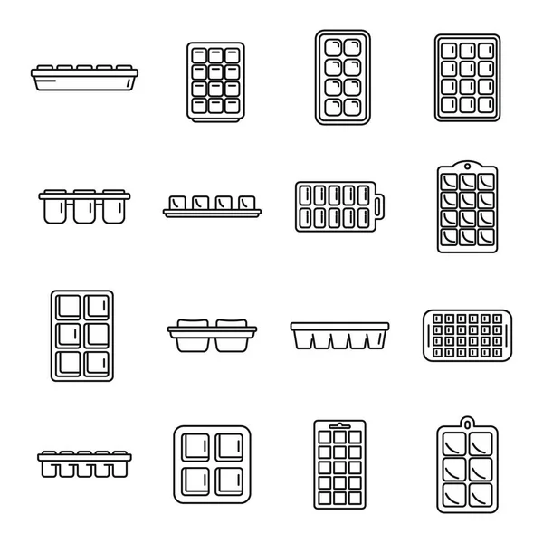 Bandejas de cubo de hielo iconos establecer vector contorno. Envase fresco — Archivo Imágenes Vectoriales