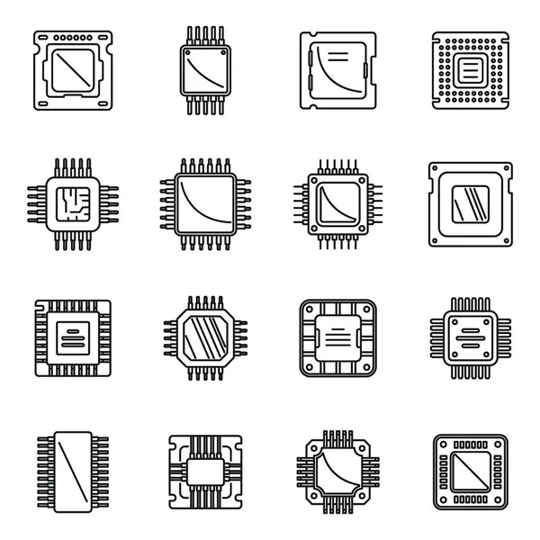 Prozessorsymbole setzen Umrissvektoren. Zentrale Computerkarte — Stockvektor