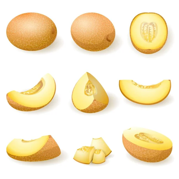 Icônes melon définir vecteur de dessin animé. Cantaloup à grignoter — Image vectorielle