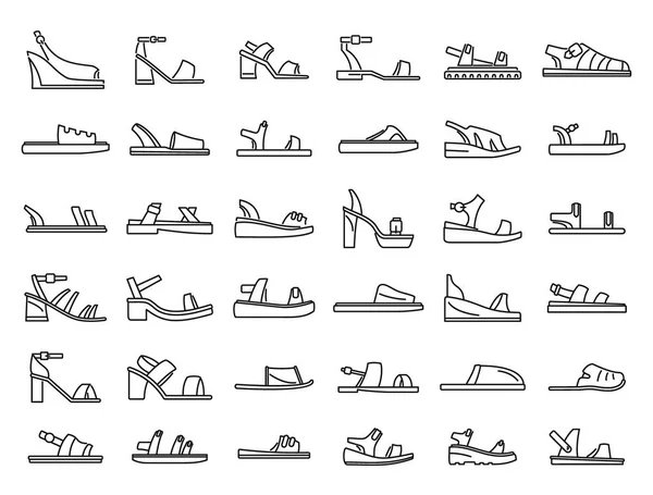 Sandalen-Symbole setzen Umrissvektoren. Fußschuhe — Stockvektor