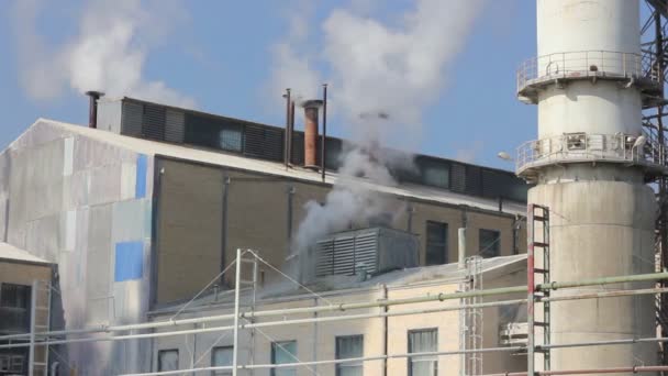 Rauch aus Schornsteinen in Zuckerfabrik — Stockvideo