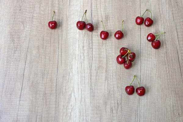Fresh Cherries Wooden Background Close Juicy Ripe Fruit — Stock Photo, Image