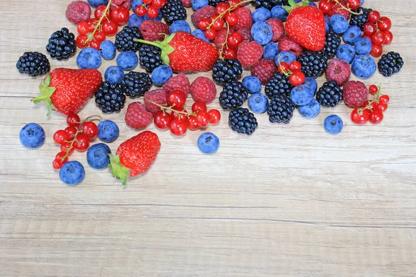 Fresh Berries Wooden Background Strawberry Blueberry Raspberry Blackberry Red Currant — Stock Photo, Image