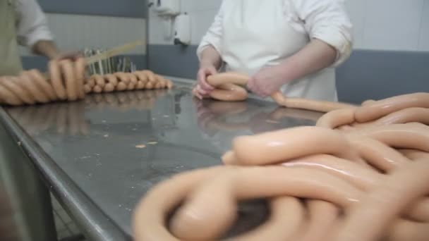 Salsicha tradicional na fábrica de carne — Vídeo de Stock
