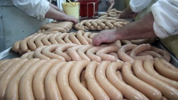 Salchichas tradicionales en fábrica de carne — Vídeos de Stock