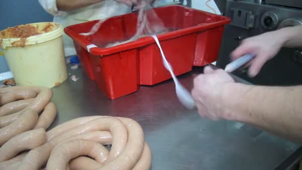 Salsicha tradicional na fábrica de carne — Vídeo de Stock