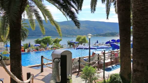 Gente disfrutando de vacaciones en una piscina — Vídeos de Stock