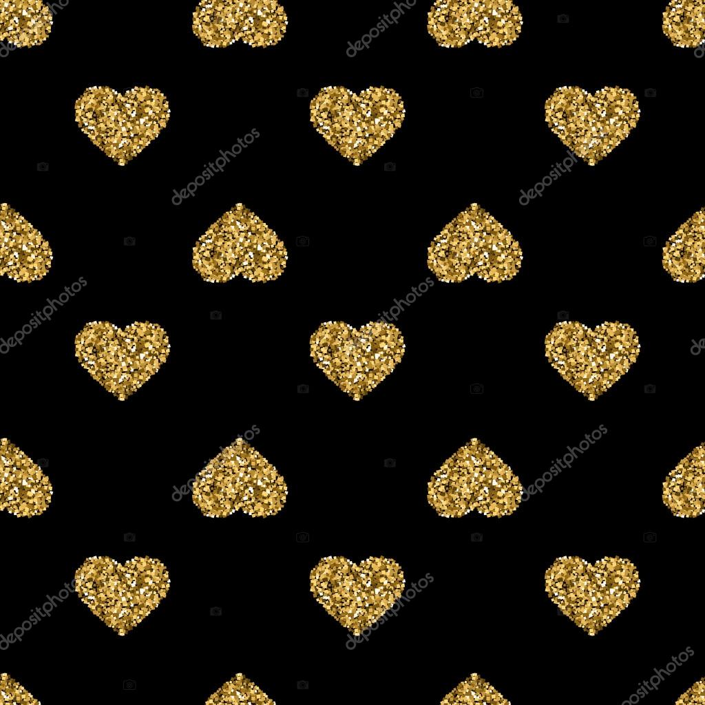 Seamless pattern with gold glitter hearts on black background