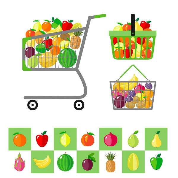 Carrinho de compras e cestas de compras com frutas — Vetor de Stock