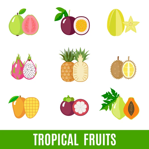 Conjunto de frutas tropicais planas . —  Vetores de Stock