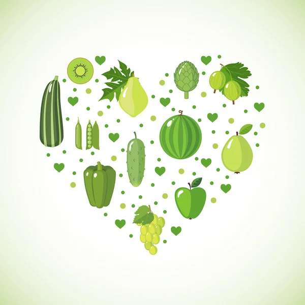 Heart shape with green fruits and vegetables — Stock Vector