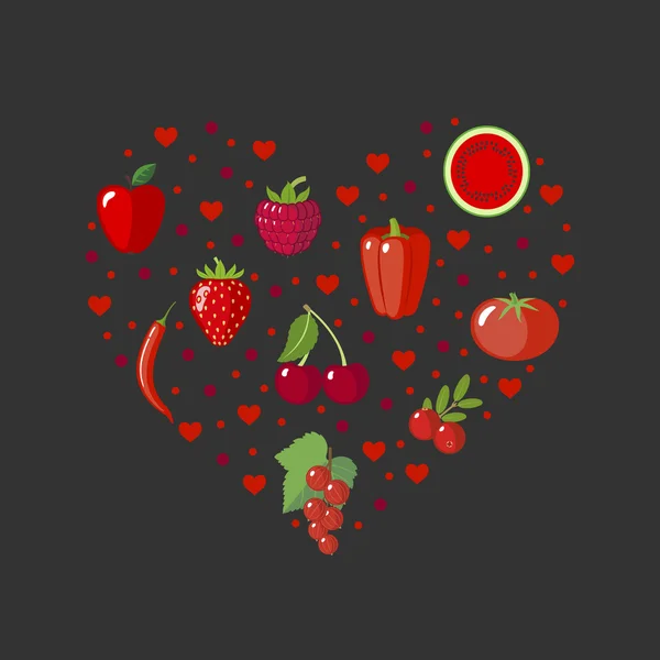 Coeur en forme de fruits et légumes rouges — Image vectorielle